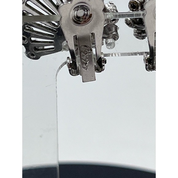 Coro Vintage Signed Rhinestone Clip-On Fan Silver Tone Black Crystal Earrings - Picture 7 of 16